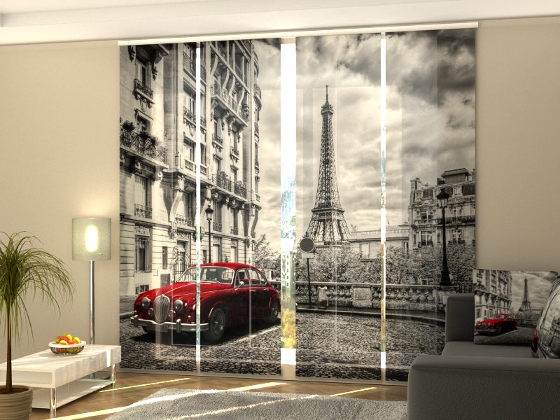 4-Panel Curtains Kit with 4-Track Rail, Red Retro Limousine on the Street of Paris, Size: 60x270 cm