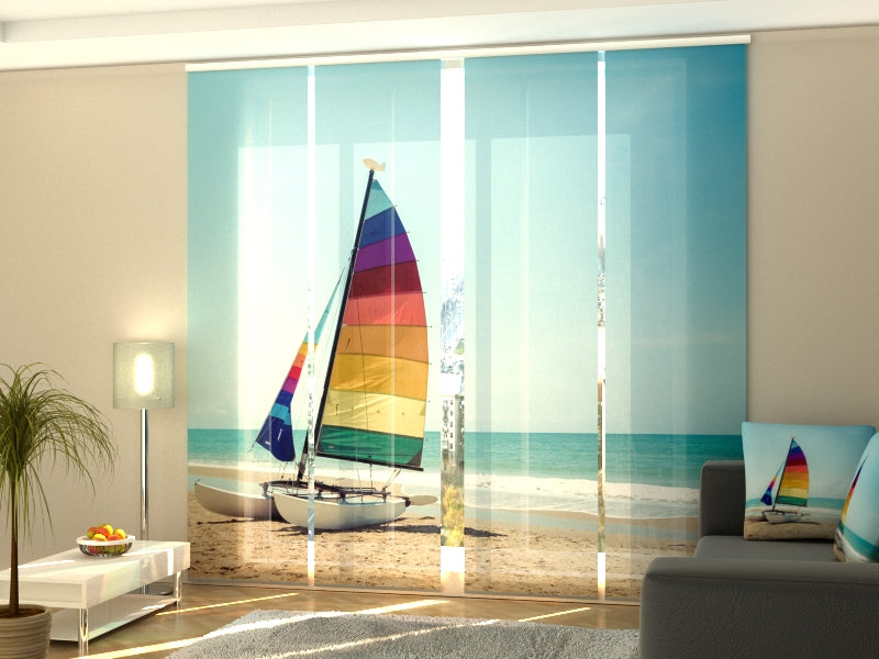 Set of 4 Panel Sailboat on Tropical Beach