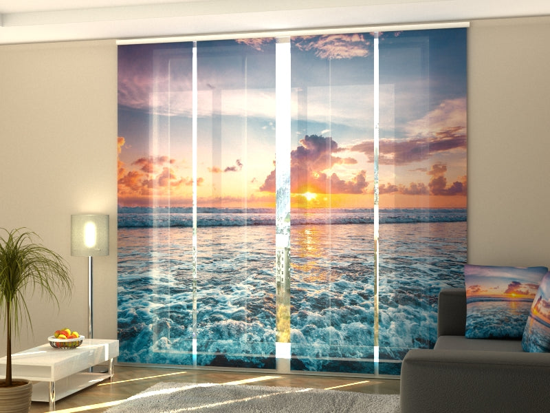 Ensemble de 4 panneaux de rideaux Coucher de soleil sur les vagues de l'océan