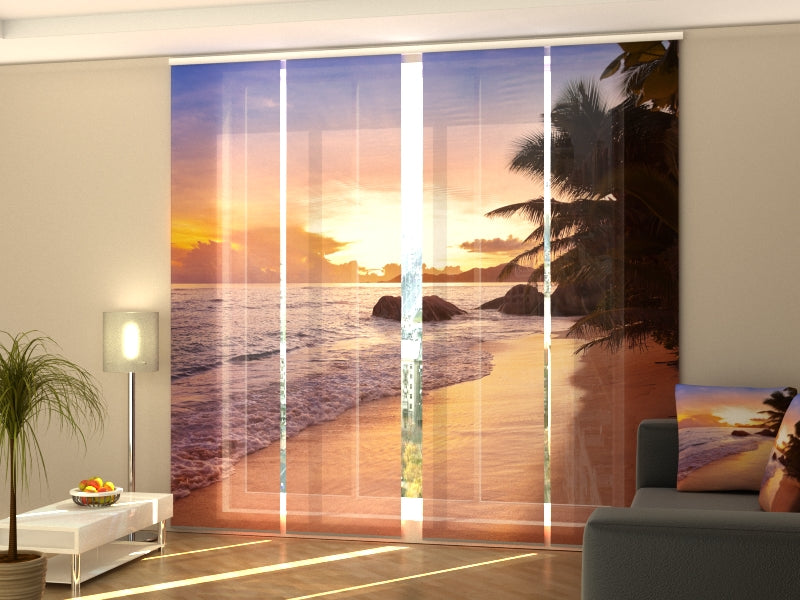 Juego de 4 paneles de cortinas Atardecer en la playa de Seychelles