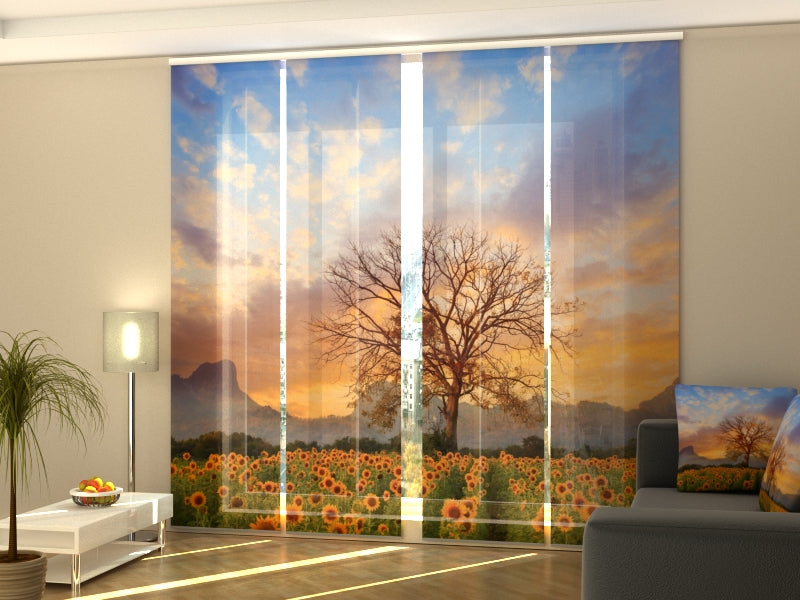 Set of 4 Panel Curtains Sunset over Sunflower Field