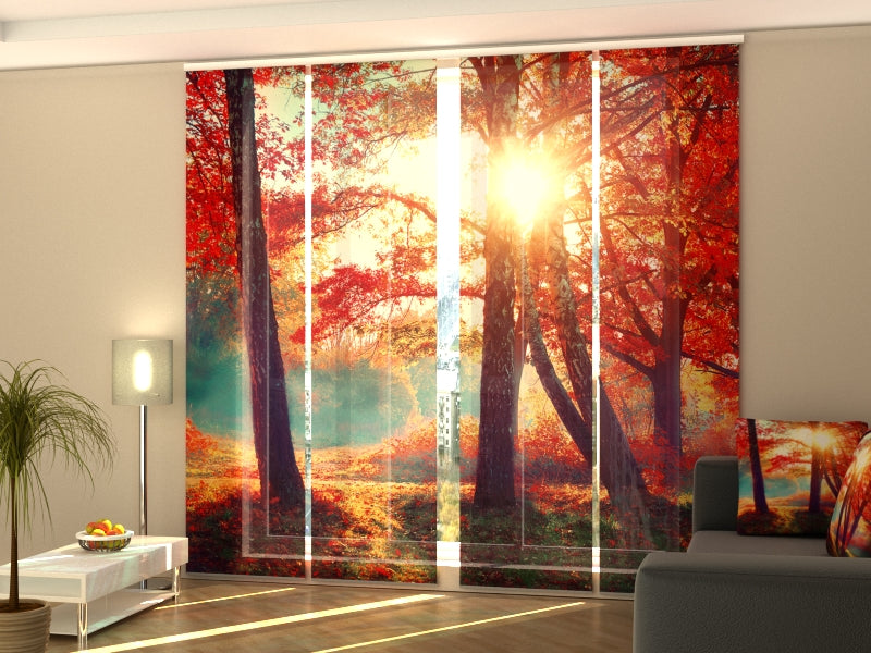 Set of 4 Panel Curtains Sunshine in the Red Autumn Forest