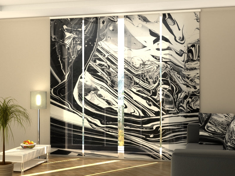 Set of 4 Panel Curtains Textured Black and White Abstraction