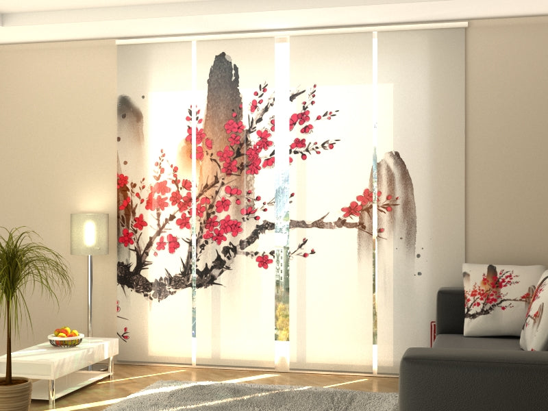 4-Panel Curtains Kit with 4-Track Rail, Traditional Japanese Painting Happiness, Size: 60x245 cm