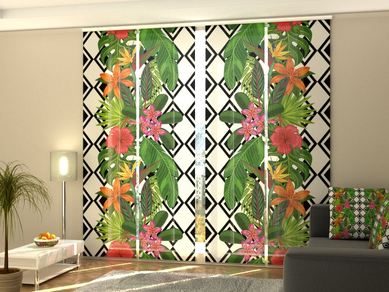 Set of 4 Panel Tropical Plants and Rhombus