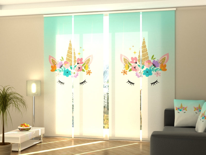 Ensemble de 4 panneaux voilages Licorne avec fleurs