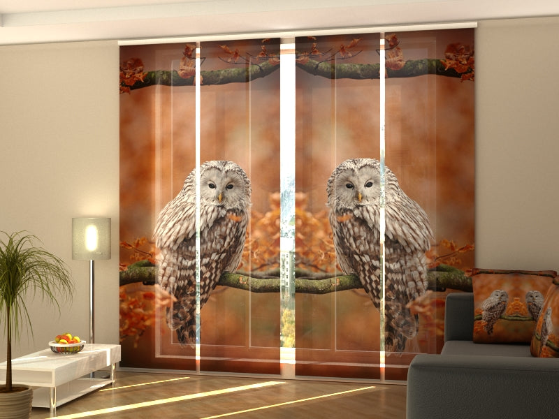 Set of 4 Panel Curtains Ural Owl at Autumn Oak Forest