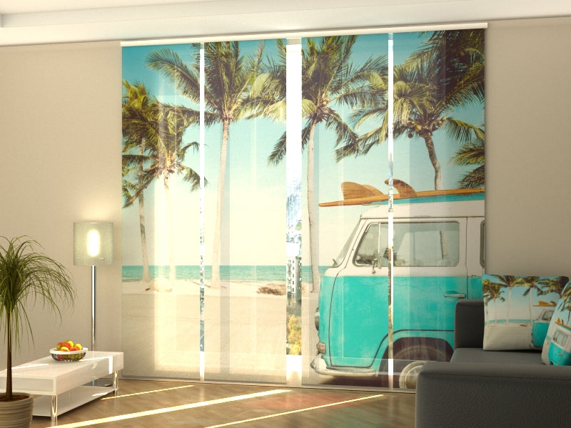Set of 4 Panel Curtains Vintage Car on the Tropical Beach
