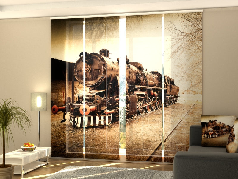 4-Panel Curtains Kit with 4-Track Rail, Vintage Train, Size: 60x245 cm