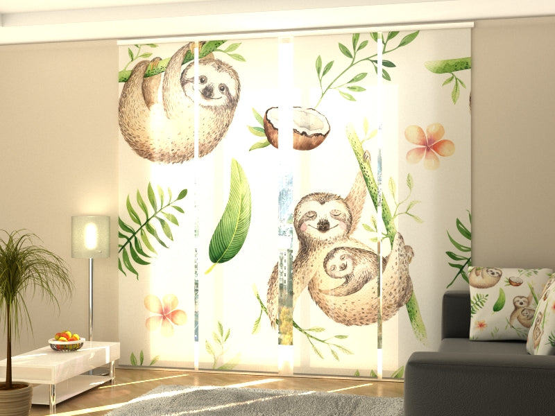 Set of 4 Panel Curtains Watercolor Cute Sloths