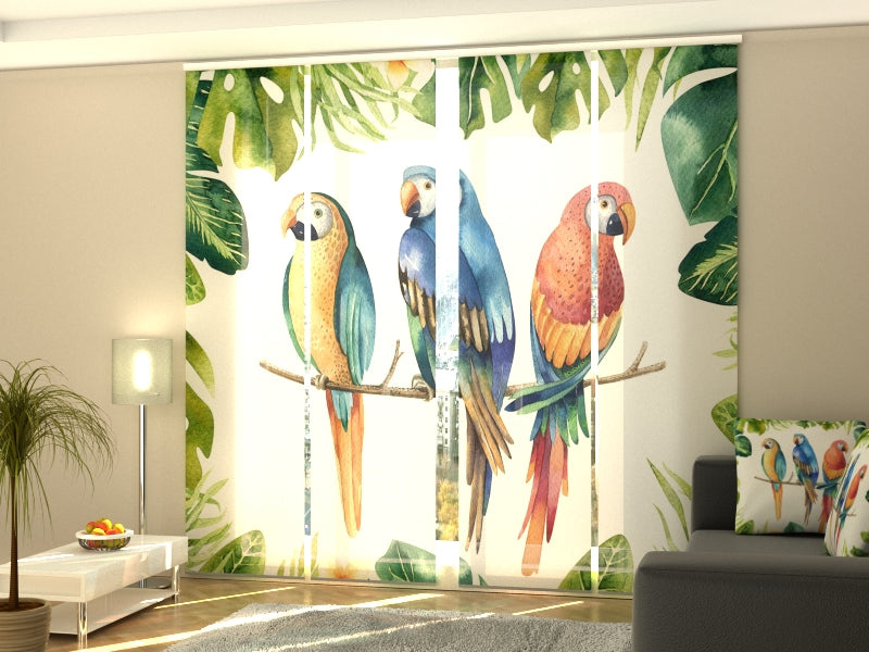 Ensemble de 4 panneaux aquarelles plantes et perroquets