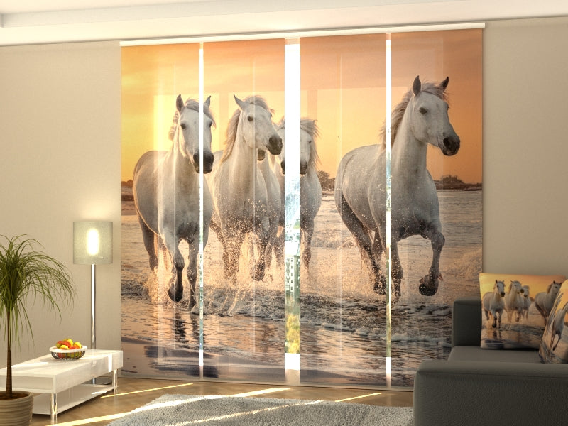 Set of 4 Panel White Horses galloping at Sunset in France