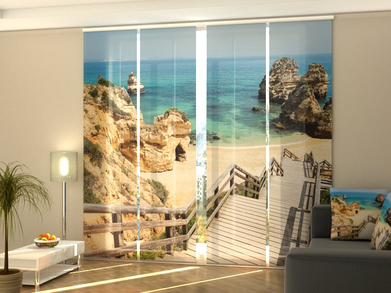 Set of 4 Panel Curtains Wooden Staircase to a Beautiful Beach in the Algarve