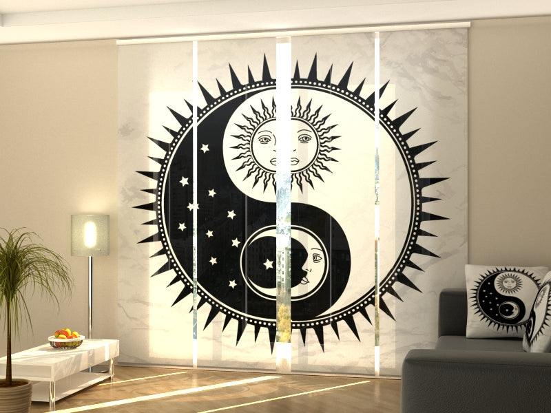 Set of 4 Panel Curtains Yin Yang with Moon and Sun