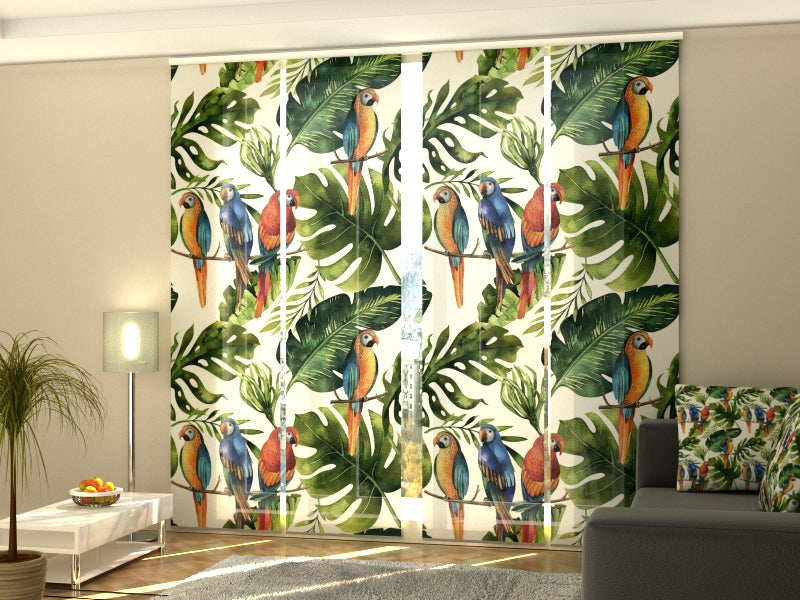 Set of 4 Panel Curtains Palm Leaf with Parrots
