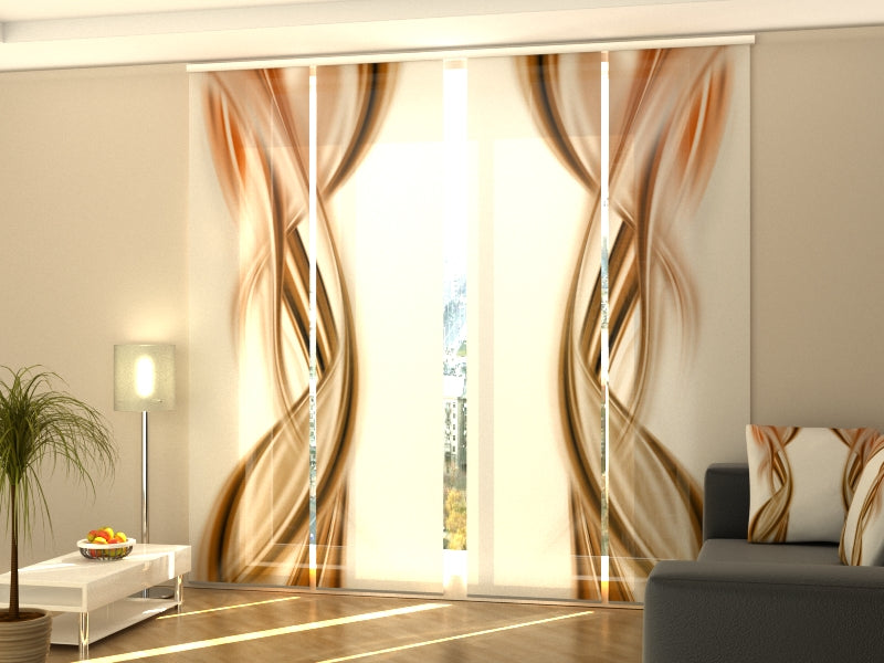 4-Panel Curtains Kit with 4-Track Rail, Abstract Brown Waves, Size: 60x300 cm