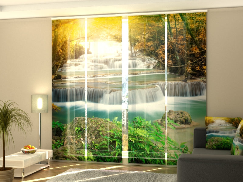 4-Panel Curtains Kit with 4-Track Rail, Autumn waterfall, Size: 60x270 cm