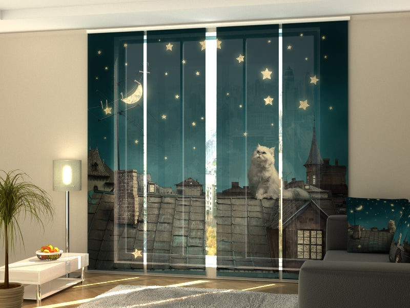 4-Panel Curtains Kit with 4-Track Rail, Cat on the Roof, Size: 60x270 cm