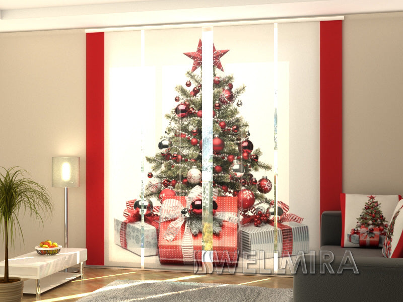 Set of 4 Panel Curtains Christmas Tree in Red Style - Wellmira
