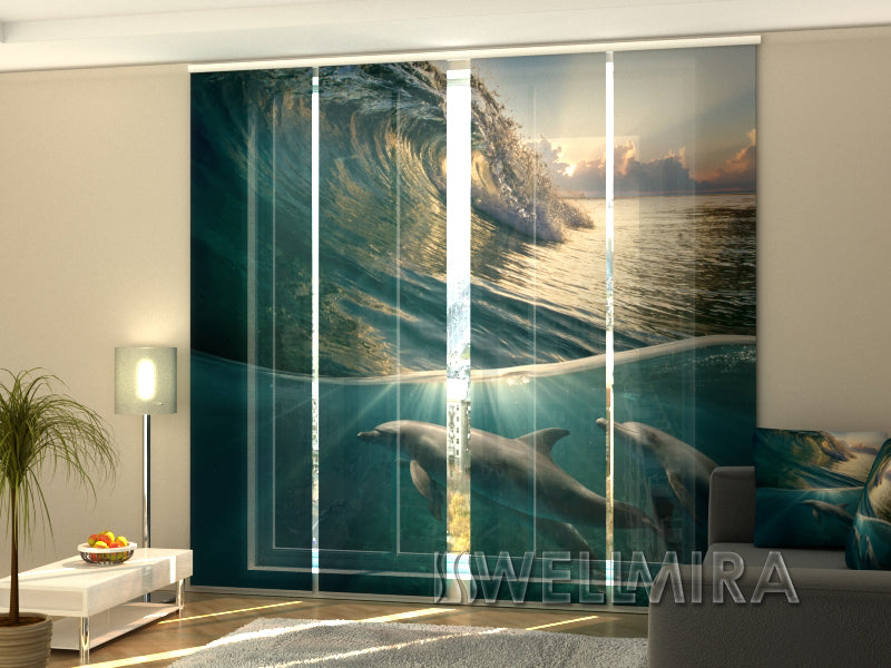 Set of 4 Panel Curtains Dolphins and Wave - Wellmira