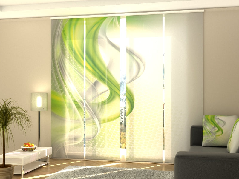4-Panel Curtains Kit with 4-Track Rail, Green Abstraction, Size: 60x300 cm
