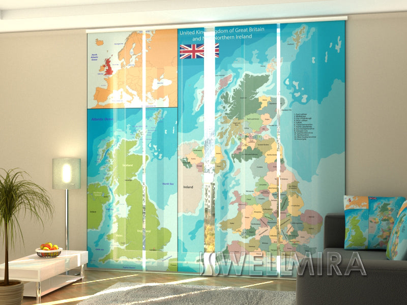 Set of 4 Panel Curtains Map of the United Kingdom - Wellmira