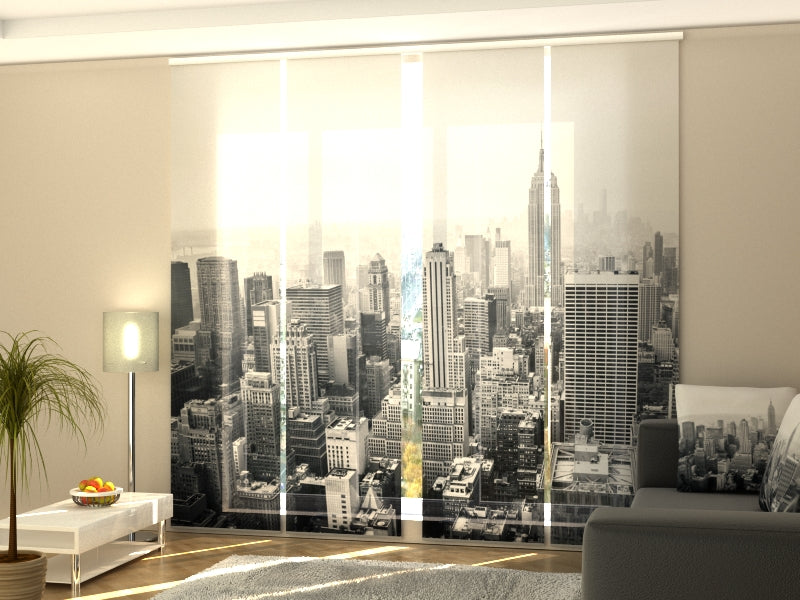 4-Panel Curtains Kit with 4-Track Rail, New York in Black and White, Size: 60x270 cm