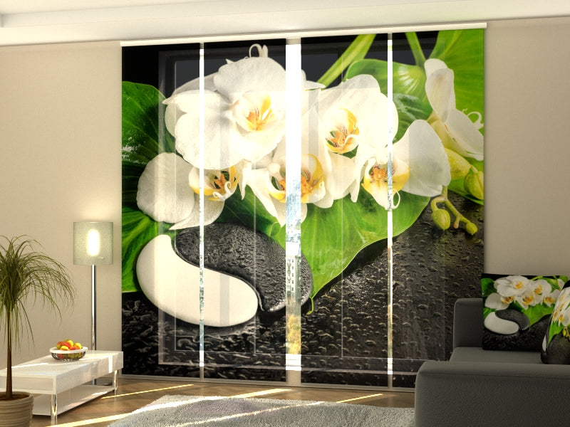 Set of 4 Panel Curtains Orchids with Stones Yin Yang - Wellmira