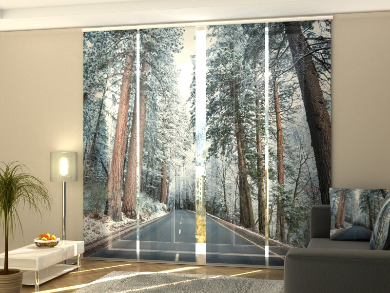 Set of 4 Panel Curtains Road in Snow-Covered Forest
