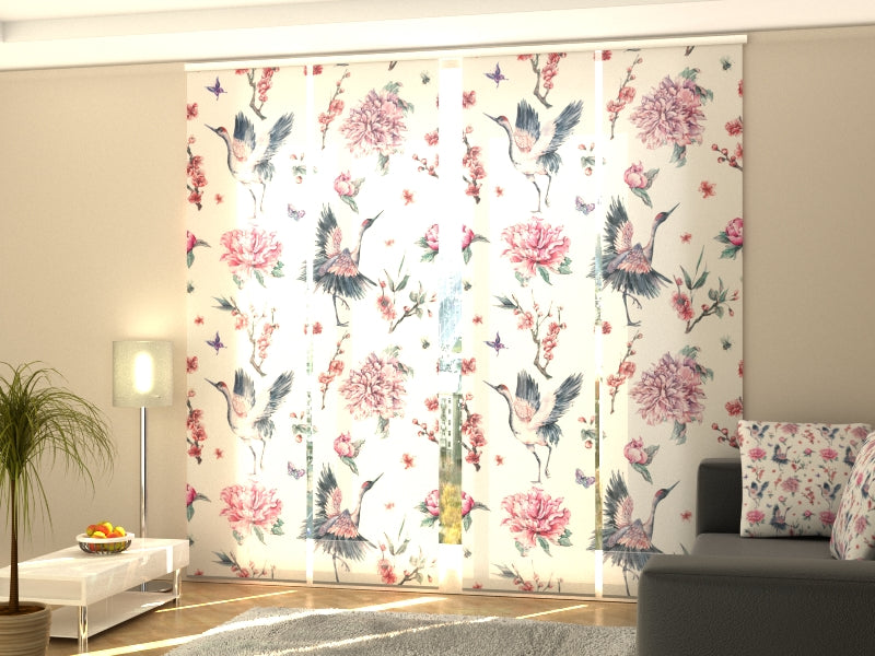 Set of 4 Panel Curtains Storks and Flowers - Wellmira