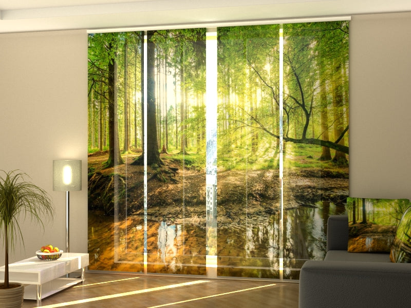 4-Panel Curtains Kit with 4-Track Rail, Sunbeams in the forest, Size: 60x245 cm