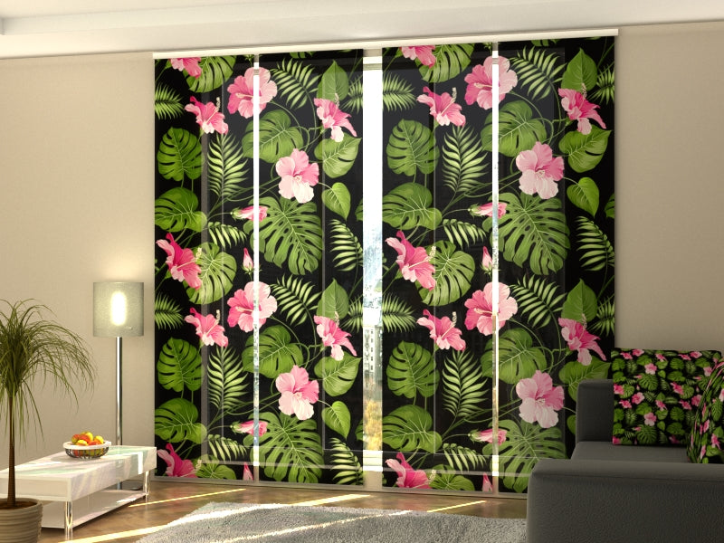 Set of 4 Panel Curtains Tropical Flowers on the Black - Wellmira