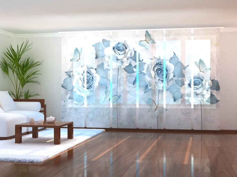 Rideau à panneaux coulissants Papillons abstraits et Roses