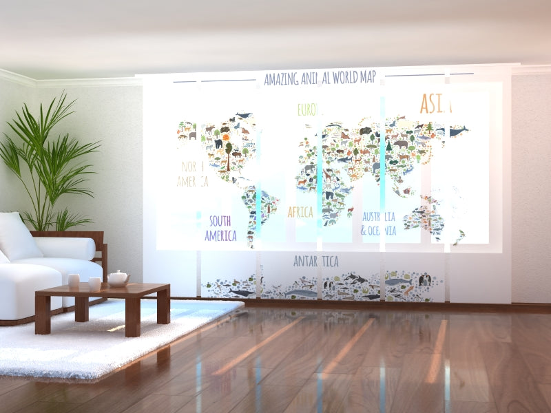 Set of 6 Panel Curtains Amazing Animals Kids Map