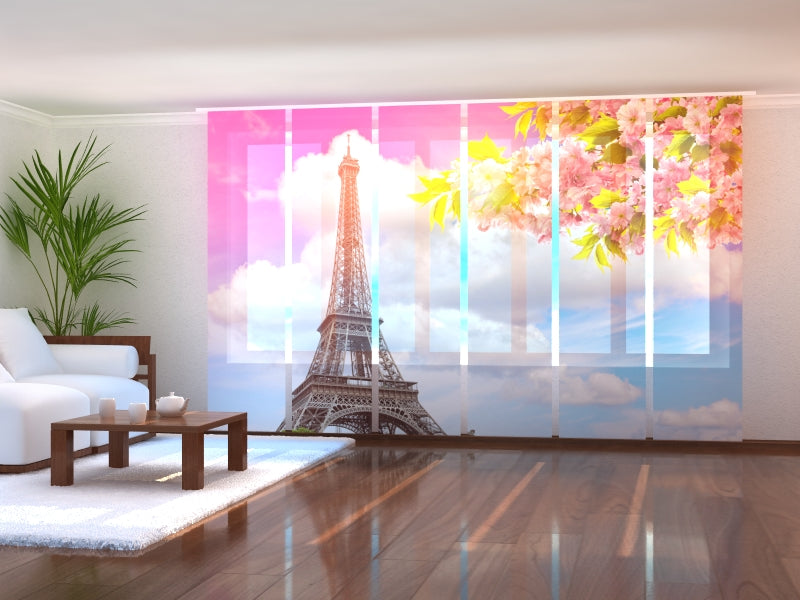 Set of 6 Panel Curtains Blossoming Spring Cherry and Eiffel Tower