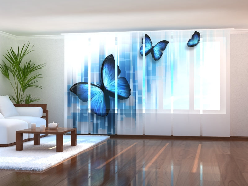 Set of 6 Panel Curtains Blue Butterflies