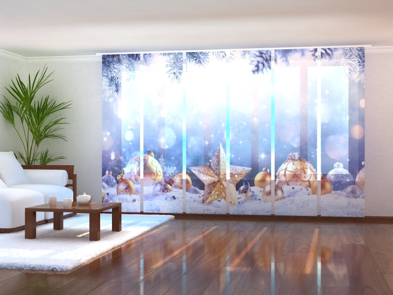 Set of 6 Panel Curtains Christmas Golden Star and Snow