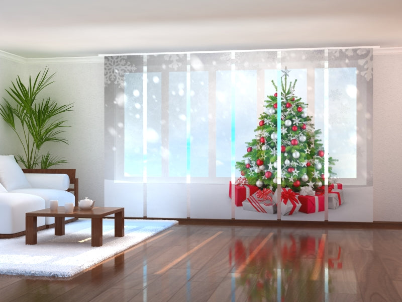 Juego de 6 Paneles de Cortinas Árbol de Navidad en Plateado y Rojo