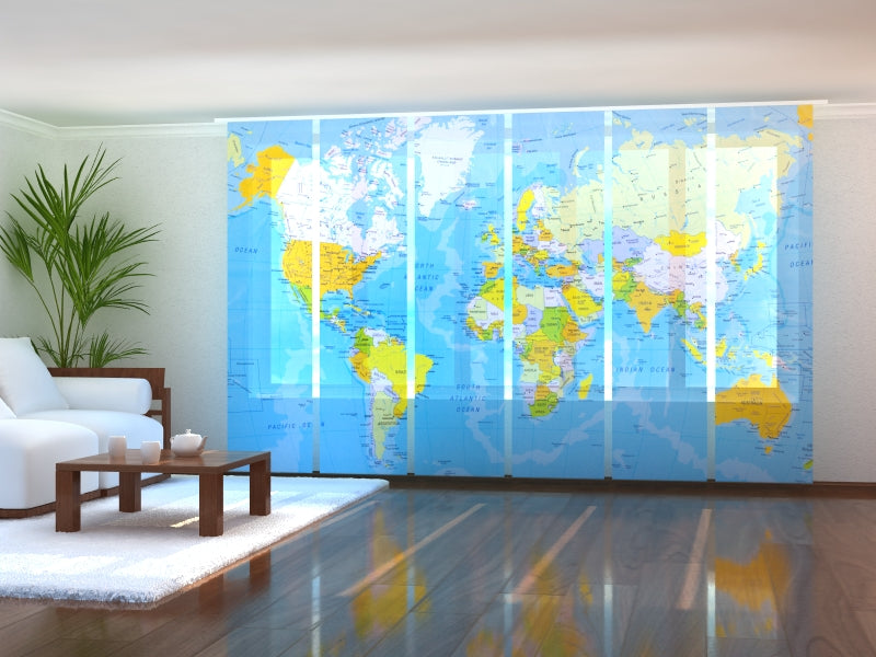Set of 6 Panel Curtains Detailed World Map
