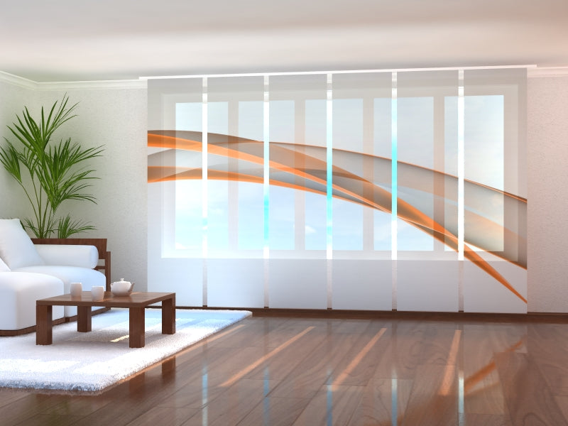 Set of 6 Panel Curtains Elegant Orange Abstract Line
