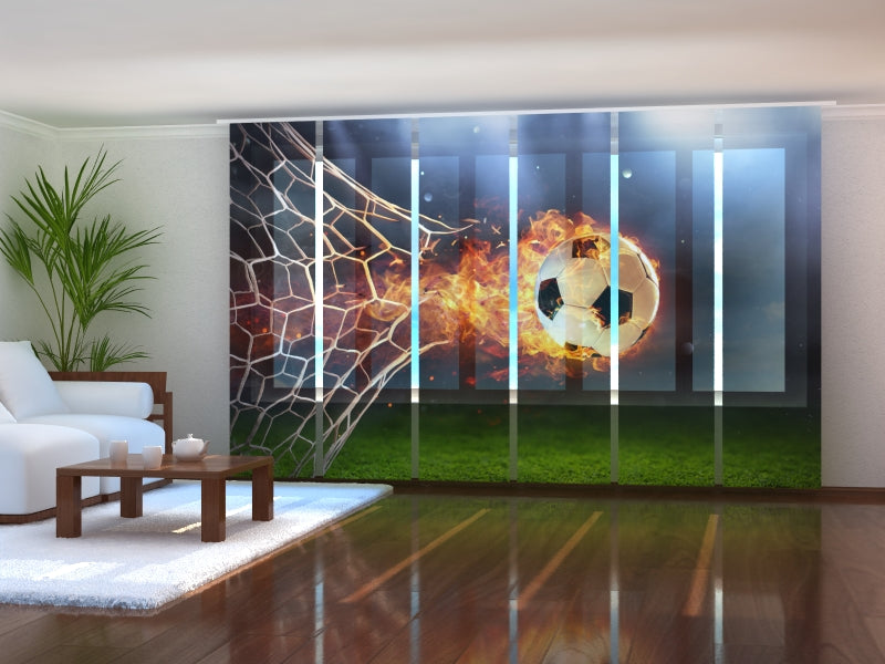Set of 6 Panel Curtains Fiery Football Ball In Goal
