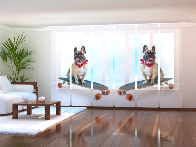 Set of 6 Panel Curtains French Bulldog on Skateboard