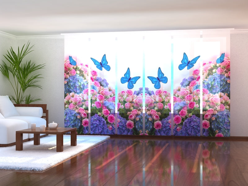 Ensemble de 6 Panneaux Rideaux Bouquet de Jardin et Papillons Bleus