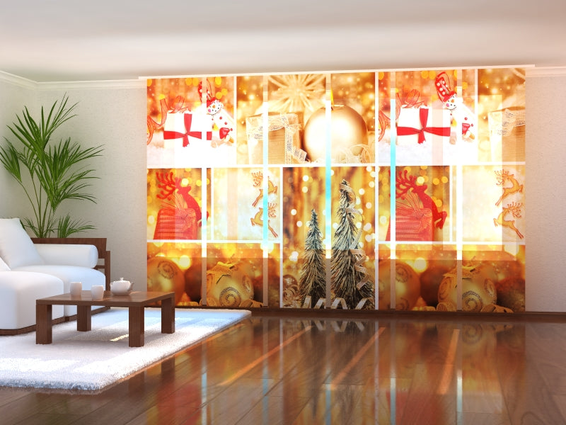 Set of 6 Panel Curtains Golden Christmas Collage