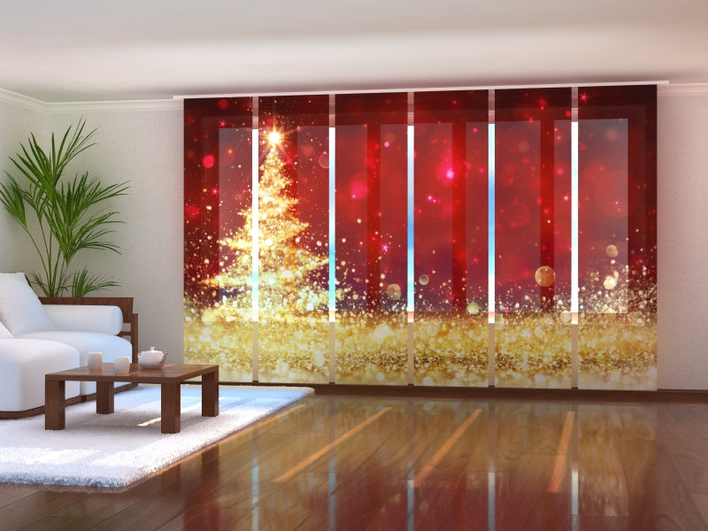Set of 6 Panel Curtains Golden Shining Christmas Tree