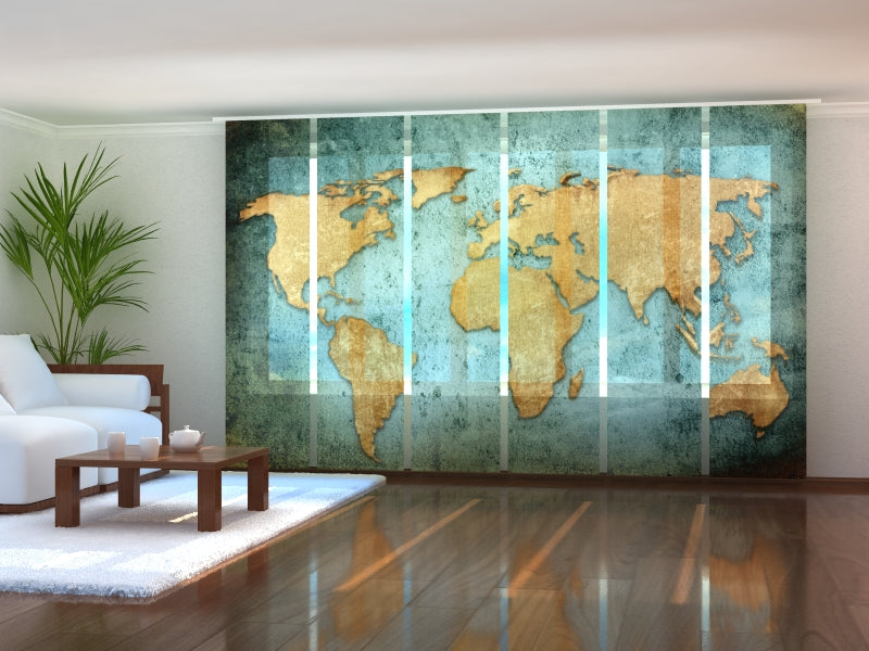 Set of 6 Panel Curtains Golden World map