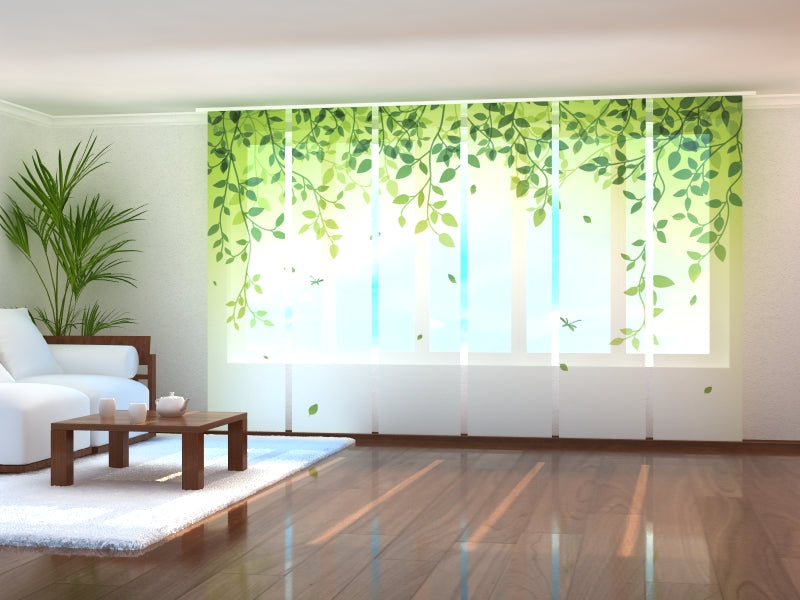 Set of 6 Panel Curtains Green Lianas with Leaves