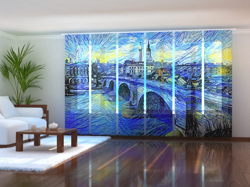 Set of 6 Panel Curtains London Bridge in Van Gogh Style