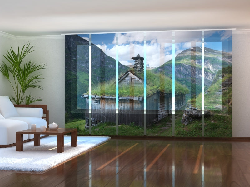 Juego de 6 paneles de cortinas Granja de montaña en los fiordos de Noruega