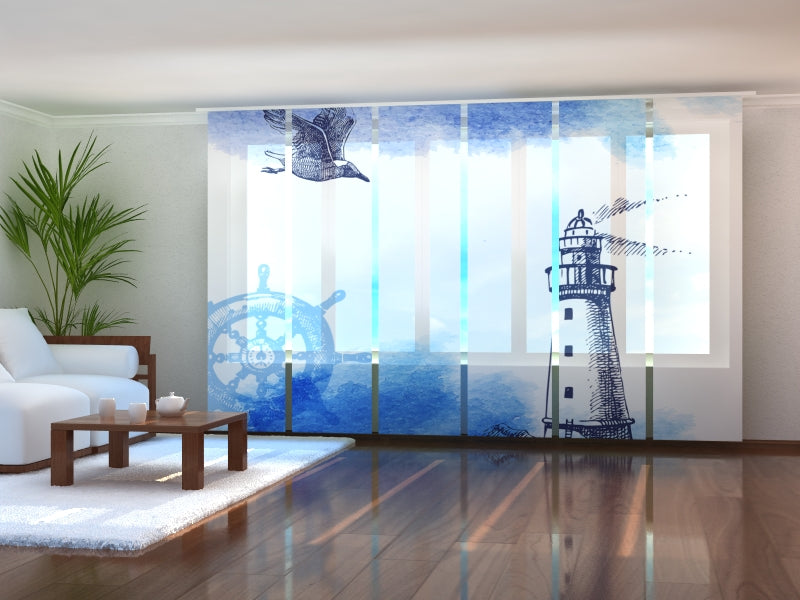 Set of 6 Panel Curtains Nautical Watercolour Illustration